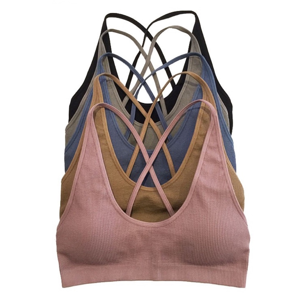 Black Removable Padded Seamless Ribbed Criss Cross Back Bralette